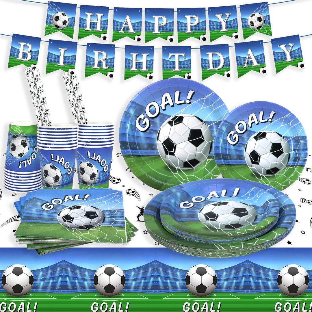 HebolandSoccer Party Decorations Dinnerware Set for 25 Guests, 127 Pieces Soccer Birthday Party Decorations Paper Plates Napkins Straws Cup Tablecloth and Banner for Men Boys Birthday Decoration