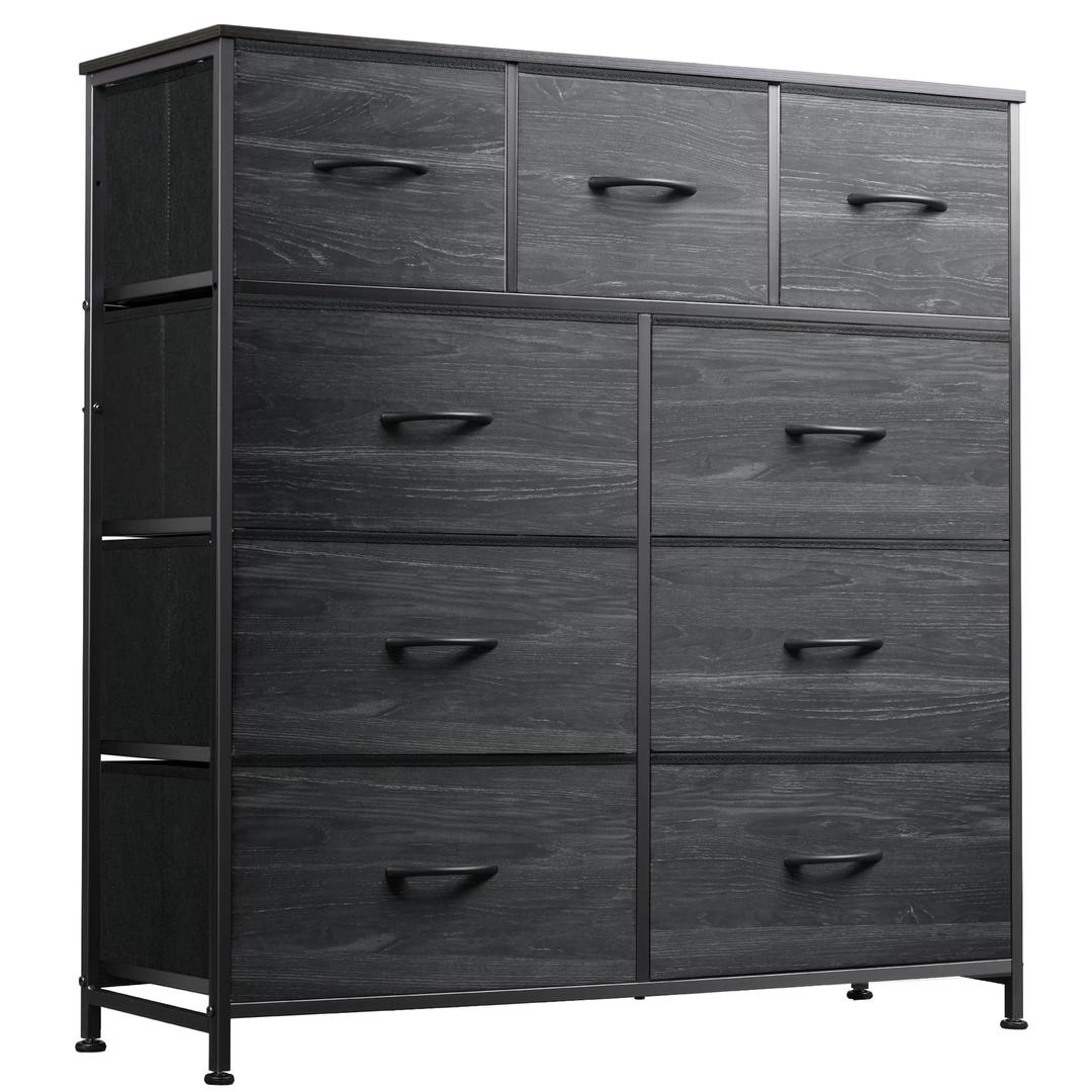 WLIVE 9-Drawer Dresser, Fabric Storage Tower for Bedroom, Entryway, Closet, Tall Chest Organizer Unit with Fabric Bins, Steel Frame, Wood Top, Easy Pull Handle, Charcoal Black Wood Grain Print