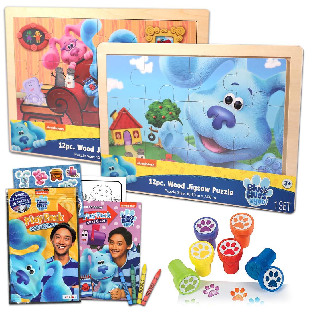 Nick Shop Blue's Clues Wood Puzzle Set ~ 4 Pc Jigsaw Bundle with 2 Puzzles for Toddlers and Kids, Coloring Book, Stickers, More (Blue's Activities Games)