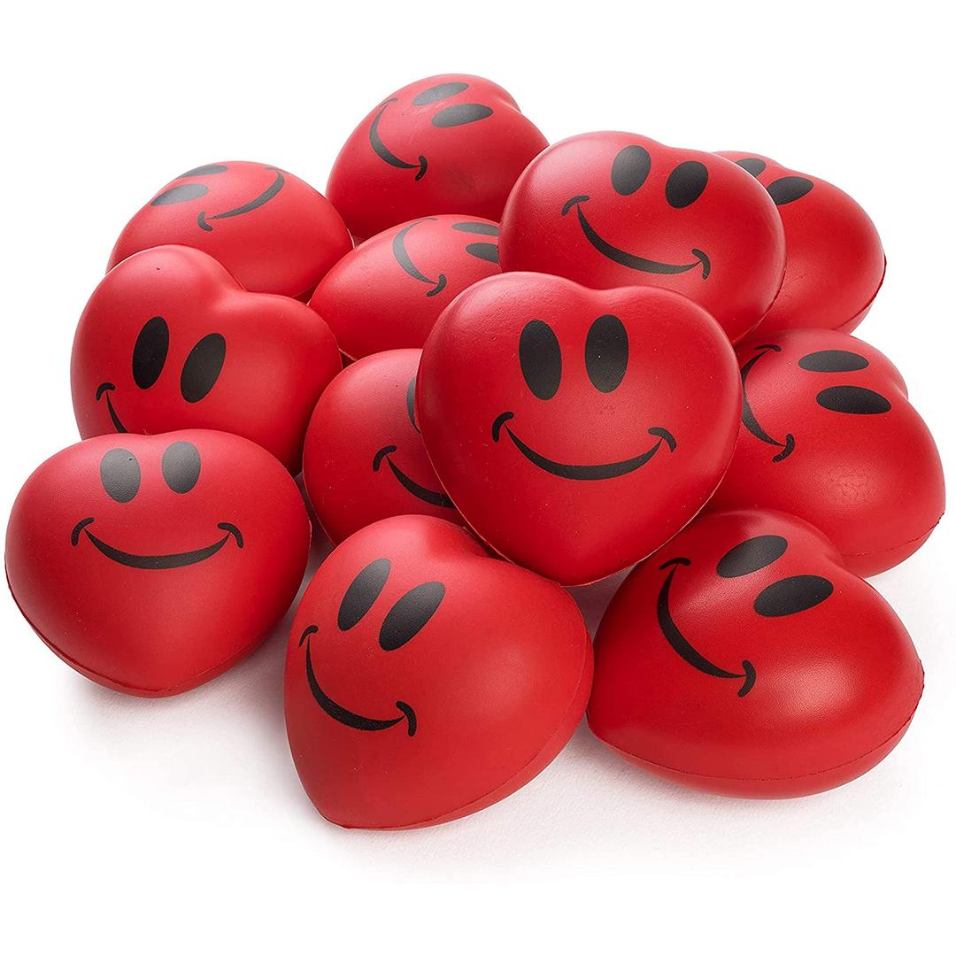 NelibluSet of 12 Heart Stress Balls - 3-Inch Valentines Stress Balls - Red Squishy Heart Foam Balls - Smiley Face Heart Shaped Stress Balls for Adults - Fun Party Favors and Gifts for Kids