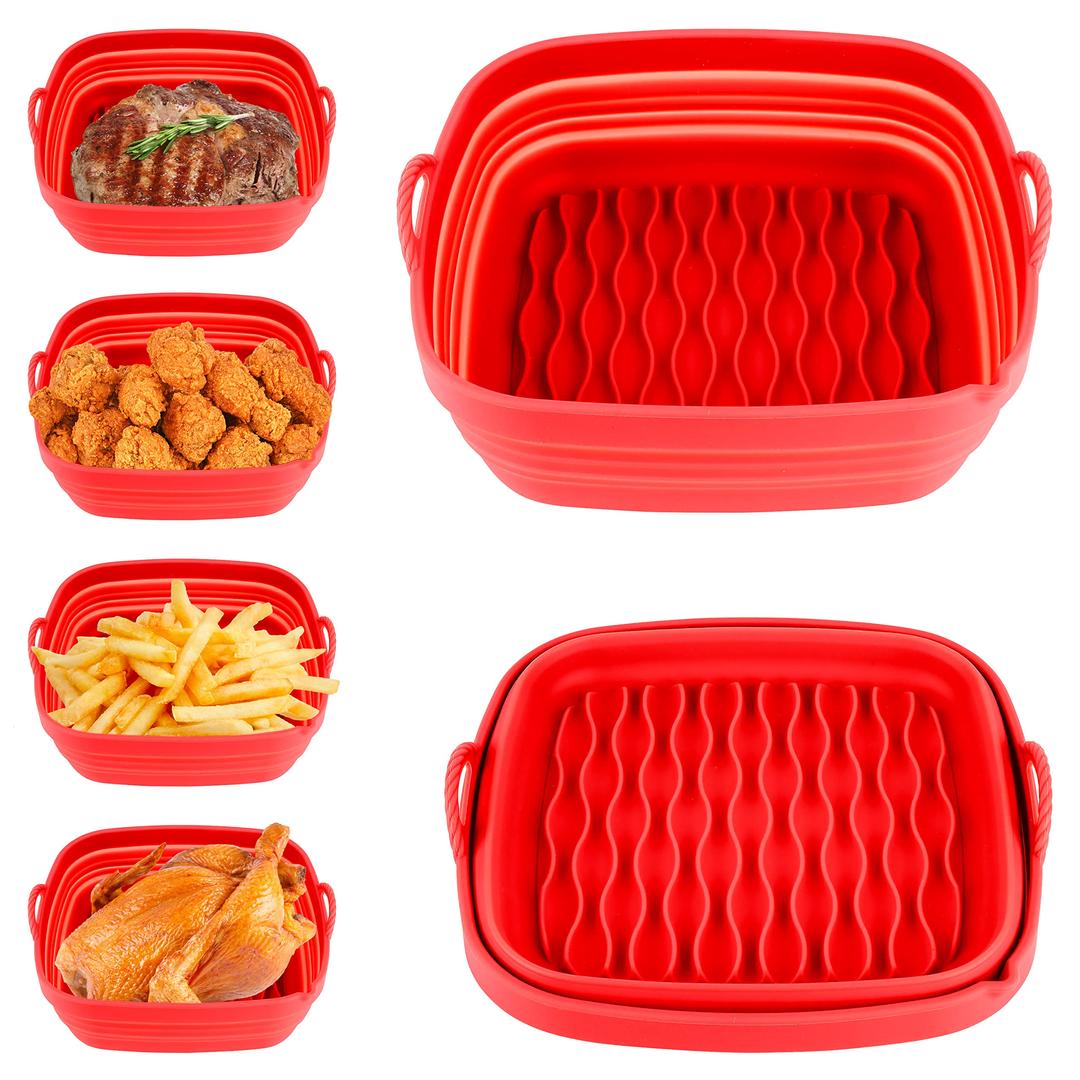 NaiKit's Red 8 IN Reusable Silicone Air Fryer Square Liners for Basket Size 6.5 QT and above. Non-stick, food safe, great instant pot airfryer kitchen accessories