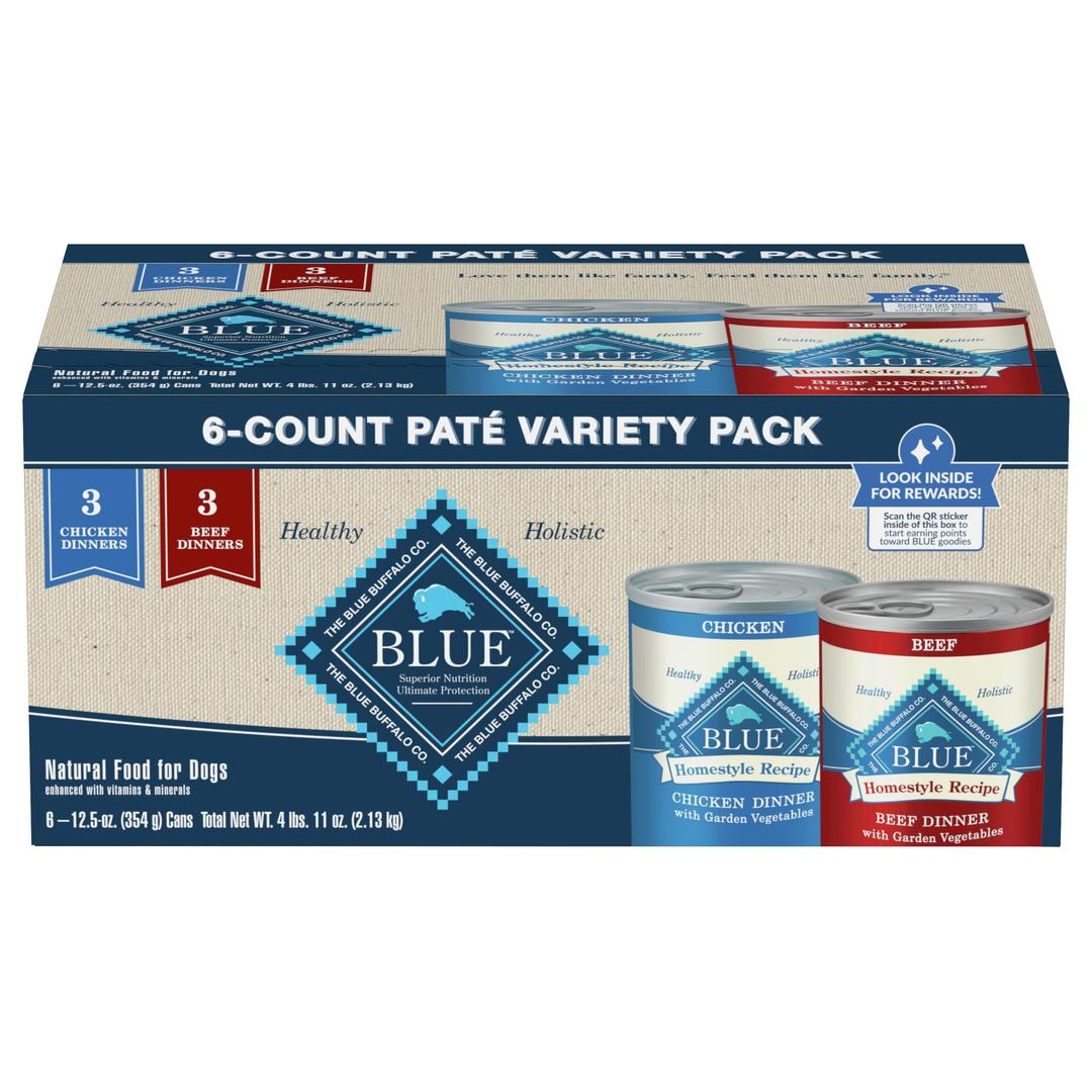 Blue Buffalo Homestyle Recipe Natural Adult Wet Dog Food Variety Pack, Chicken & Beef 12.5 oz cans (6 Count- 3 of Each Flavor)