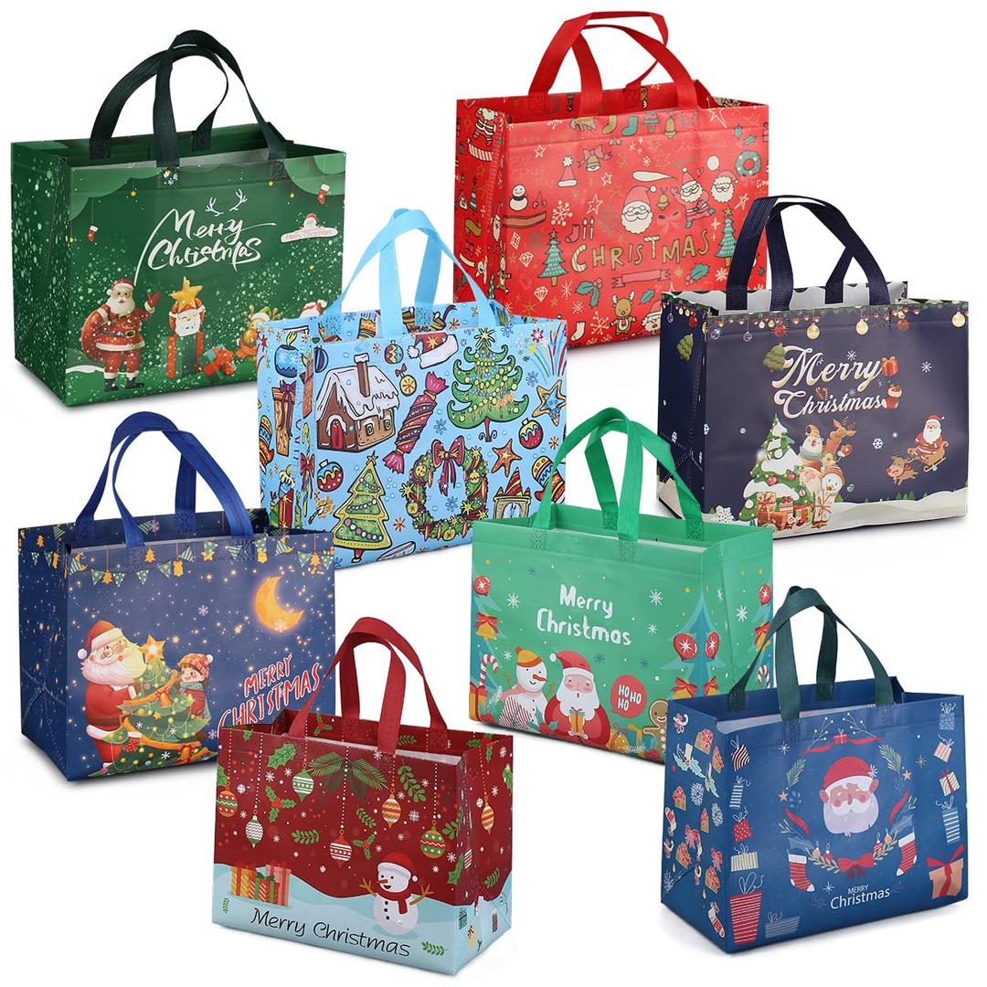 PARSUP Christmas Gift Bags,Christmas Tote Bags with Handles, Christmas Treat Bags, Multifunctional Non-Woven Christmas Bags for Gifts Wrapping Shopping, Xmas Party Supplies