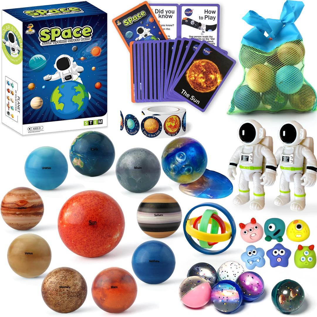 Solar System Planets Toys for Kids, STEM Educational Sensory Toys for Autistic Children Non-Toxic, Space Astronaut Slime Ball Alien Monster Toy Set with Mesh Storing Bag for 3-5-8-10 Boy Girls