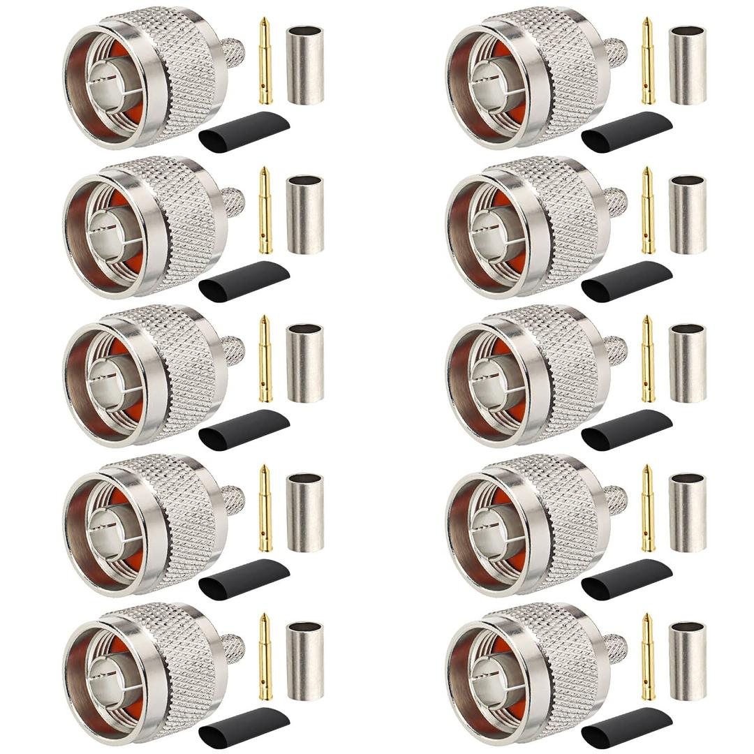 N Male Plug Crimp Coax Connector Adapter for RG58 LMR195 KSR195 RG400 3D-FB Cable (10 Pack)