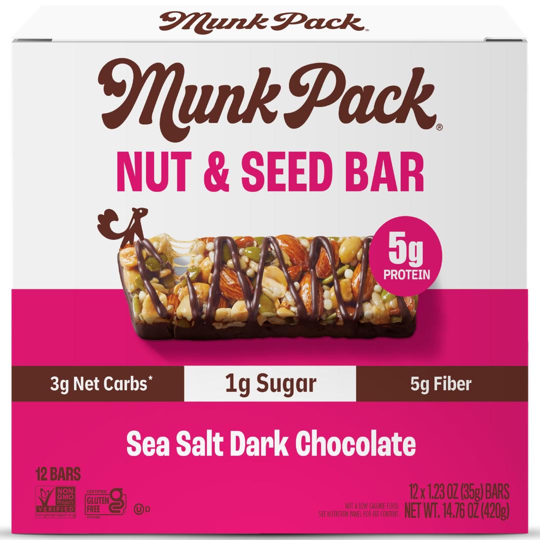 Munk Pack Keto Snack Bars, Sea Salt Dark Chocolate - Healthy Low Carb Nut Bar with 5g Protein, 1g Sugar with Allulose - Gluten Free & Low Glycemic - 24 Count