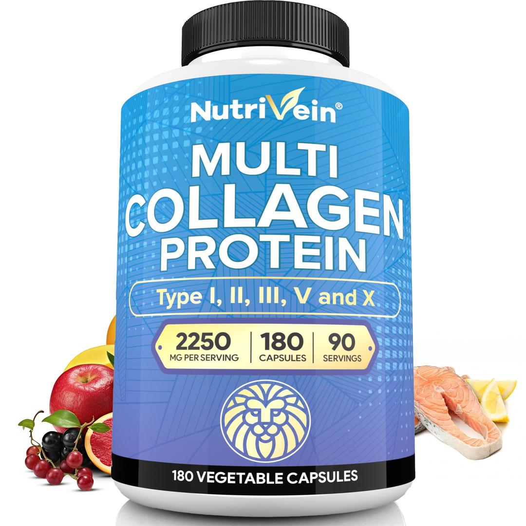 Nutrivein Multi Collagen Pills 2250mg - 180 Collagen Capsules - Type I, II, III, V, X - Anti-Aging, Healthy Joints, Hair, Skin, Bones, Nails, Hydrolyzed Protein Collagen Peptides for Woman and Men