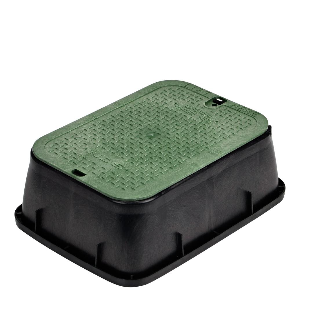 14 in. X 19 in. Rectangular Valve Box Extension and Cover, 6-3/4 in. Height, Irrigation Control Valve Lettering, Black Extension, Overlapping Green Cover, Black/Green