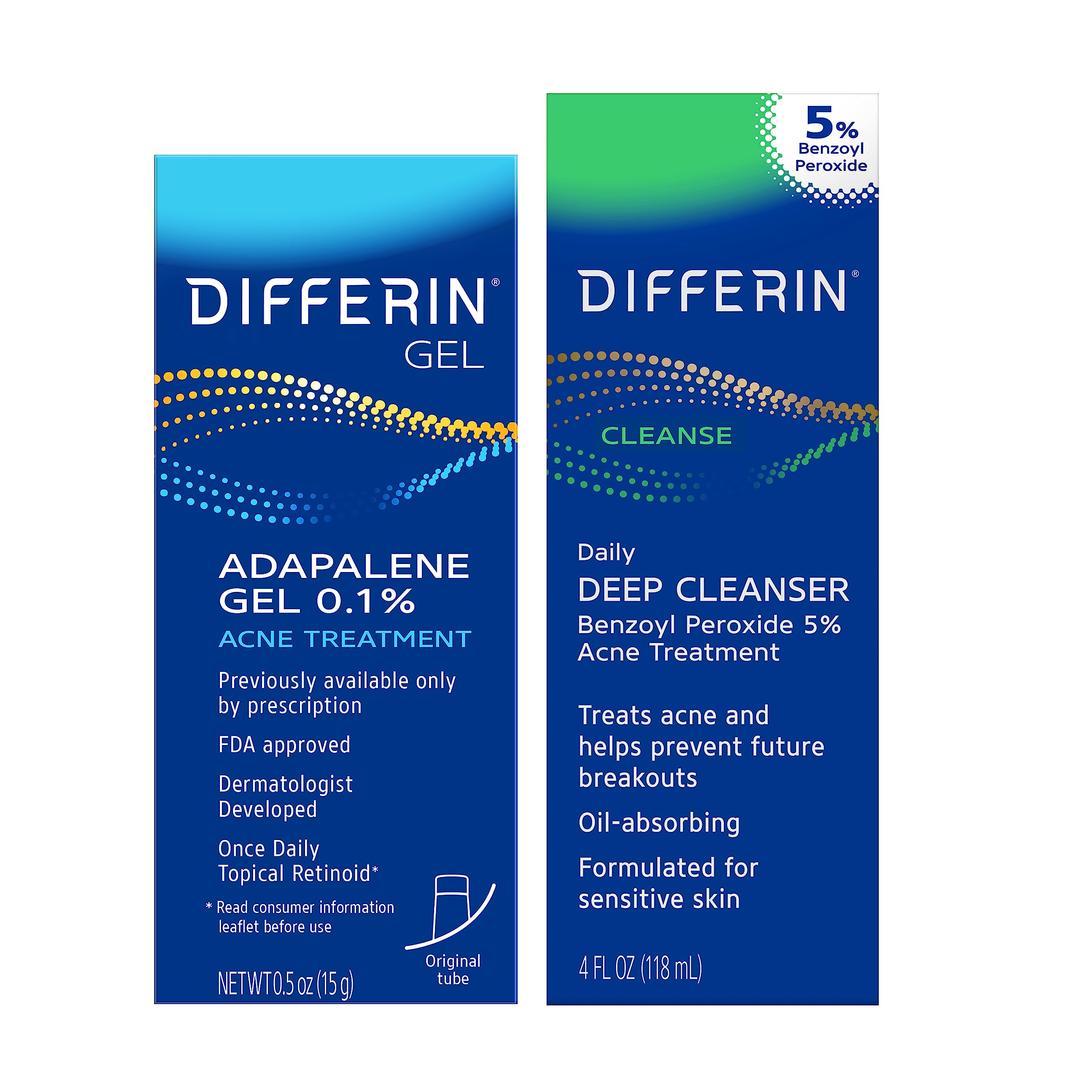 DifferinAcne Skin Care Kit, Differin Gel Retinoid Acne Treatment for Face with 0.1% Adapalene & 5% Benzoyl Peroxide Face Wash & Body Wash, Designed for Pimple and Acne Prone Skin