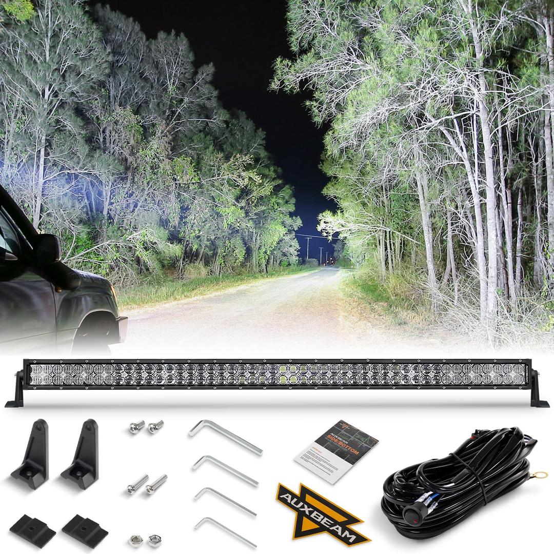 Auxbeam 50 Inch LED Light Bar 288W, 5D Lens Waterproof Off Road Driving Lights, 28800 Lumens Double Row Spot Flood Combo Fog Light Work Light with Wiring Harness for Pickup Trucks SUV ATV UTV Boat