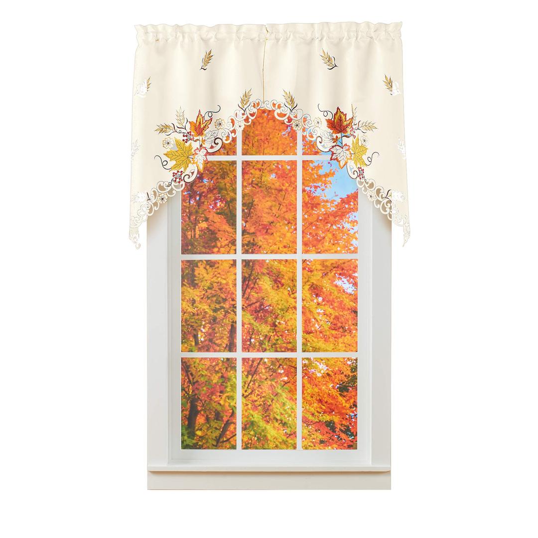 Collections Etc Embroidered Autumn Leaf and Wheat Window Curtains | Window Treatments | Fall, Autumn Home Décor | for Living Room, Bedroom, Kitchen, Dining Room | Elegant and Stylish