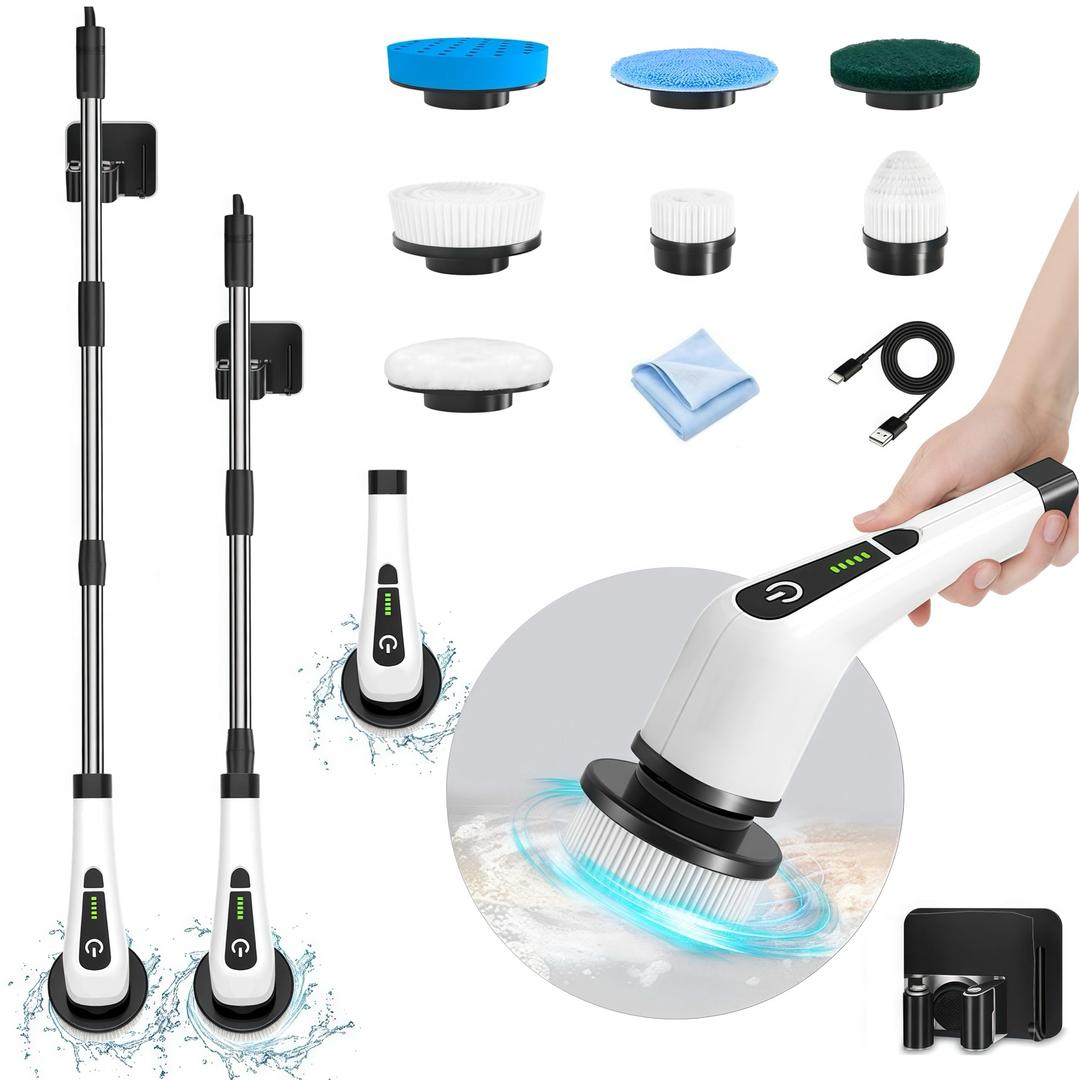 Electric Spin Scrubber, Cordless Cleaning Brush, Shower Cleaning Brush with 7 Replaceable Brush Heads, Power Scrubber 2 Speed with 3 Adjustable & Detachable Long Handle for Bathroom Shower Car