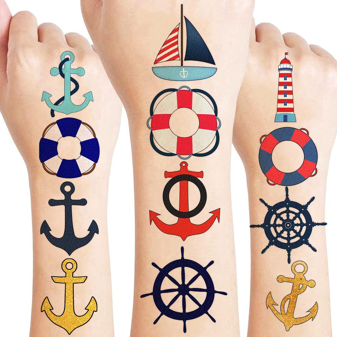 8 Sheets (96PCS) Nautical Temporary Tattoos Theme Birthday Party Decorations Supplies Favors Stickers For Kids Boys Girls Gifts Classroom School Prizes Rewards