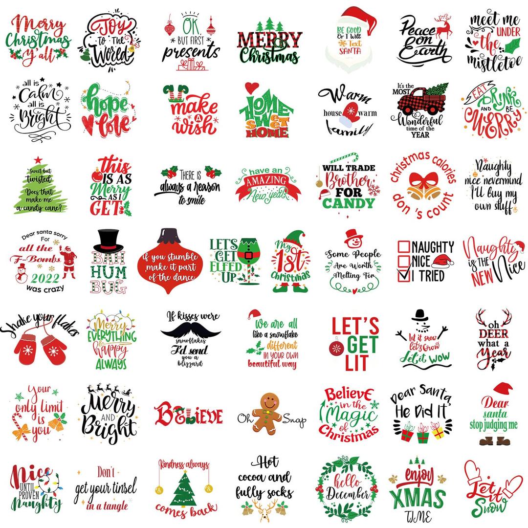 100 Pcs Vinyl Christmas Inspirational Stickers for Crafts Scrapbooking PVC Christmas Bless Saying Stickers Positive Word Waterproof Stickers Cute Motivational Quote Decal for Bottle, 50 Style (Santa)