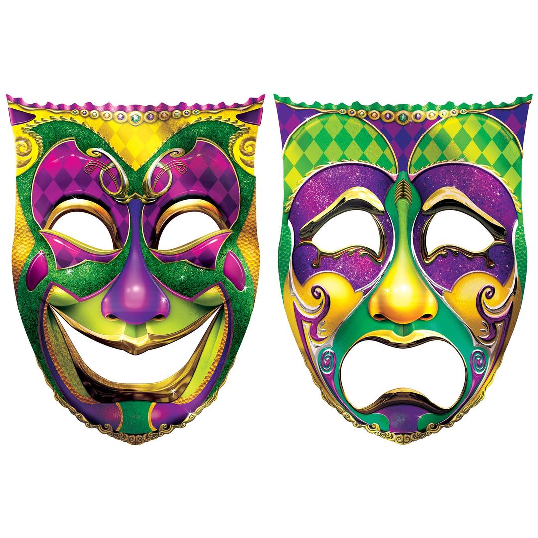 Beistle 2 Piece 24.75" x 18.25" Jumbo Foil Covered Cardstock Paper Comedy & Tragedy Faces Cut Outs for Mardi Gras Party Decorations