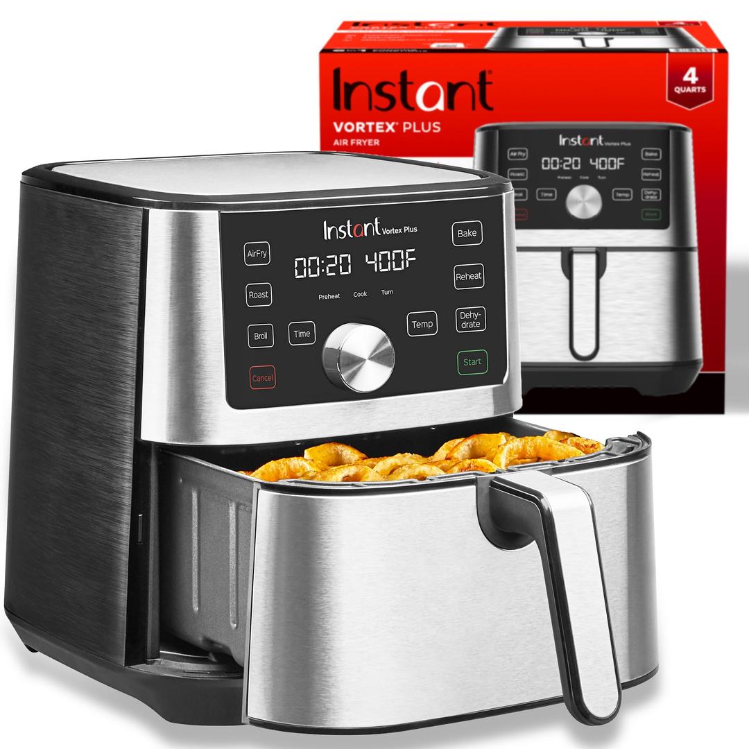 Instant Vortex Plus 4QT Air Fryer, Custom Program Options, 6-in-1 Functions Crisps, Broils, Roasts, Dehydrates, Bakes, Reheats, 100+ In-App Recipes, from the Makers of Instant Pot, Stainless Steel