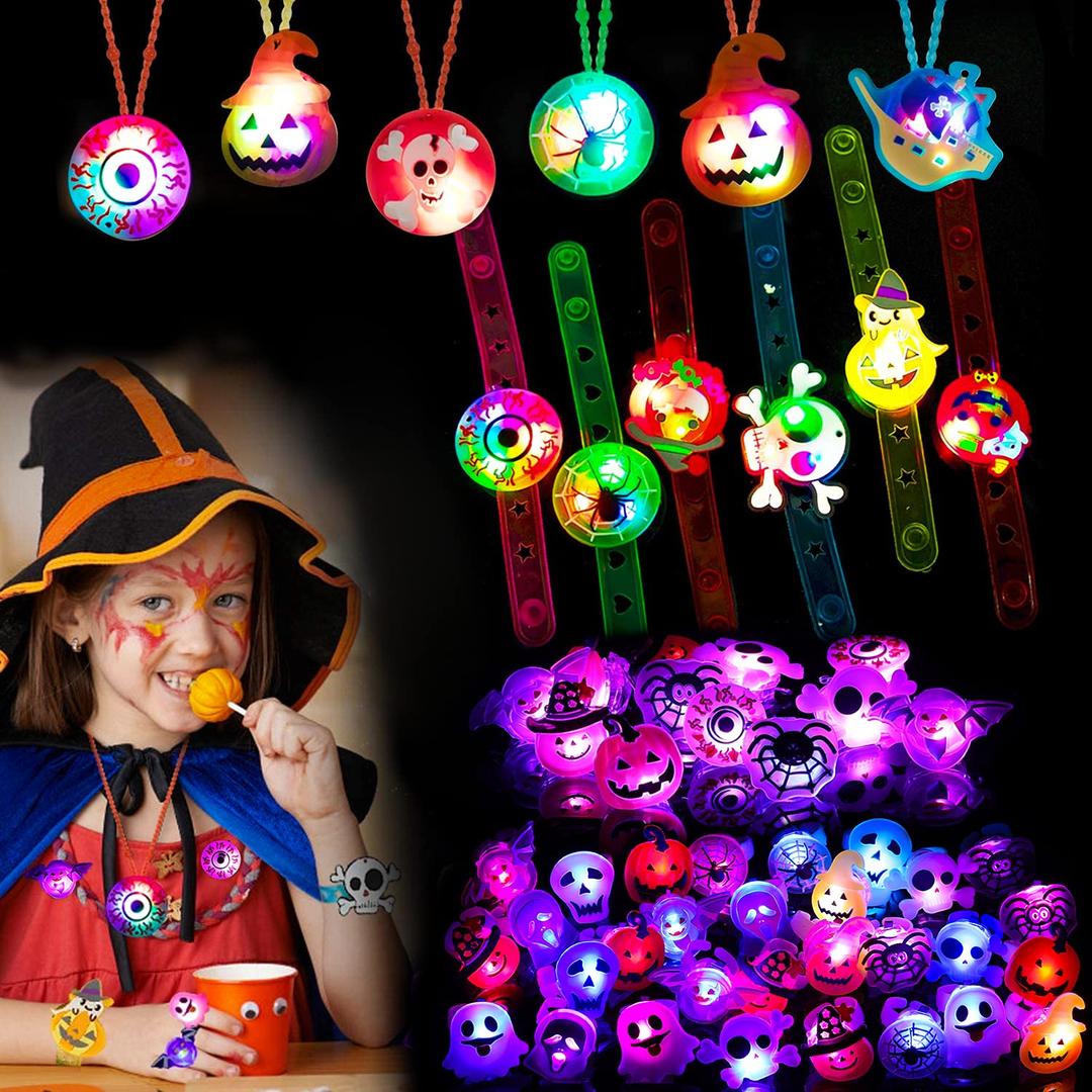 yafeiteHalloween Party Favors for Kids, Light Up Necklace Rings Watch Party Supplies Set for Halloween Holiday