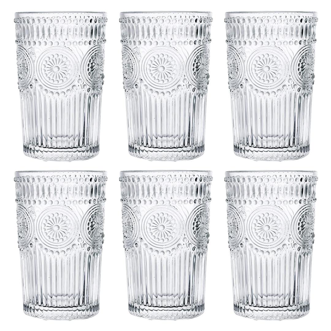 Kingrol 6 Pack 12 oz Romantic Water Glasses, Premium Drinking Glasses Tumblers, Vintage Glassware Set for Juice, Beverages, Beer, Cocktail