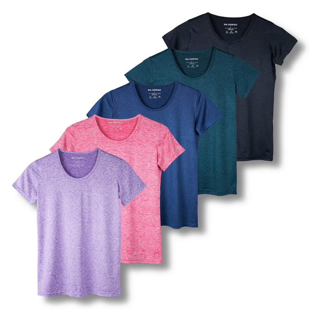 Real Essentials5 Pack: Women's Dry Fit Tech Stretch Short-Sleeve Crew Neck Athletic T-Shirt (Available in Plus Size)