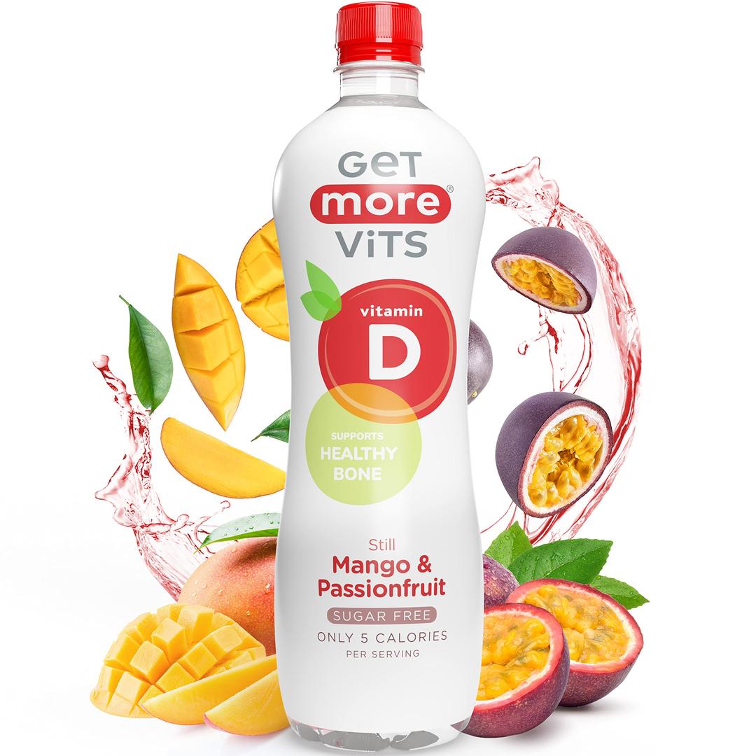 Get MoreVits - Vitamin D Still Mango & Passionfruit Spring Water (12 x 500ml), Support Healthy Bones, Teeth & Muscles, Boost Immune System, Sugar Free, Low Calorie, Natural Flavours, Vegetarian