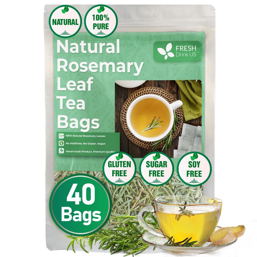 FreshDrinkUS, Premium 40 Rosemary Leaf Tea Bags, 100% Natural and Pure Rosemary Dried Leaves, Pure Rosemary Herbal Tea, No Additives, No Caffeine, No Gluten, Vegan.