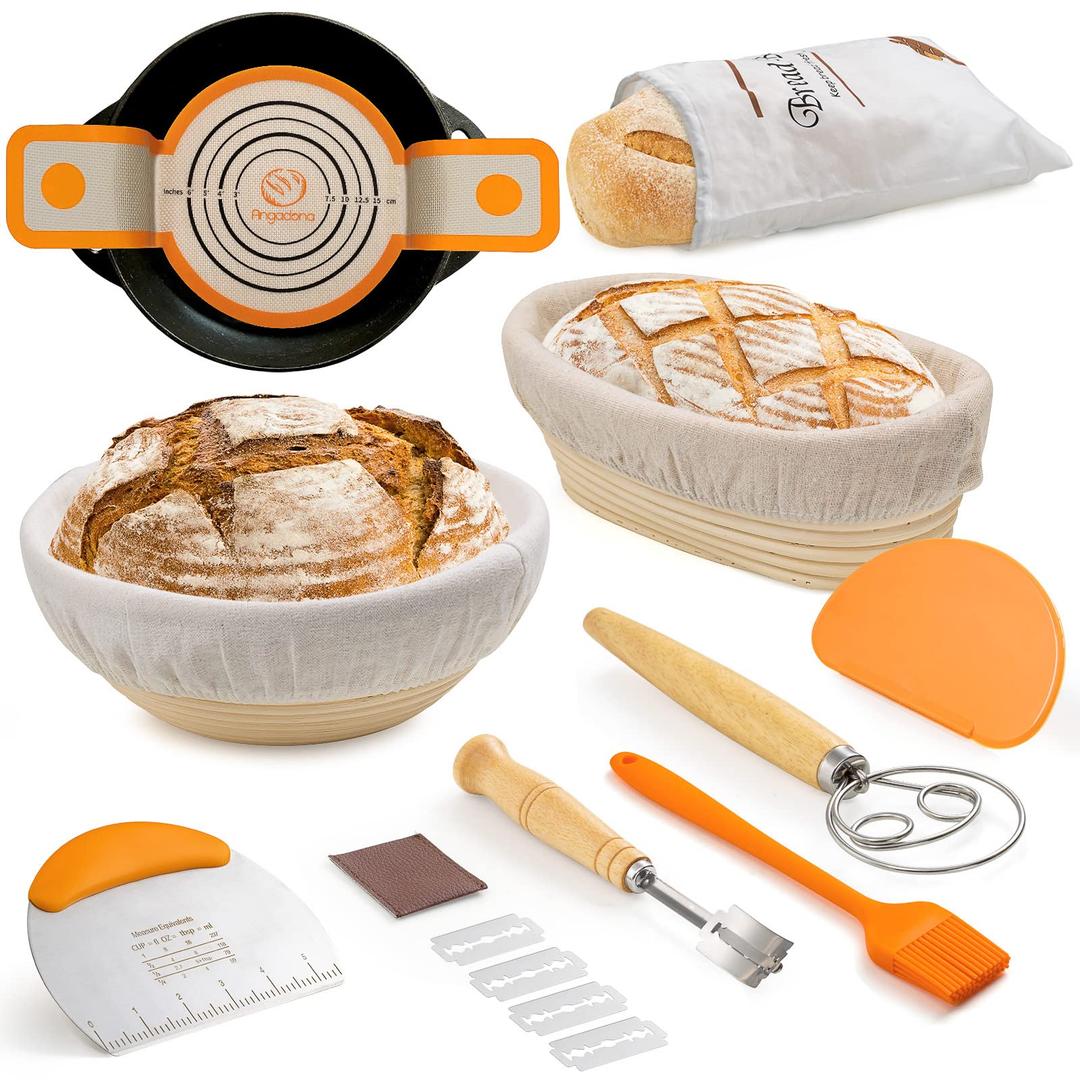 Banneton Bread Proofing Basket Set, 10 Inch Oval & 9 Inch Round Sourdough bread baking supplies with Linen Liner, Silicone Bread Sling, Danish Dough Whisk, Bread Lame, Bowl Scraper,Dough Scraper Kit