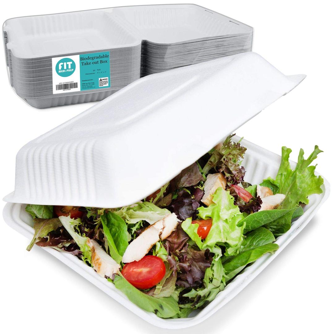 [50 Pack] 9x9x3” Clamshell Food Containers with 1 Compartment - Compostable Take Out Box, 100% Biodegradable Sugarcane, Styrofoam and Plastic Alternative, Microwave Safe, to Go Lunch and Meals