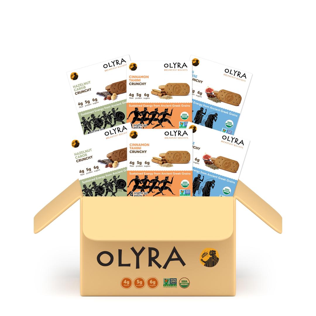 Olyra Variety Pack Breakfast Biscuits, Healthy Snacks for Kids and Adults, Low Sugar, High Fiber, Vegan Organic Cookies, with Ancient Greek Grains, USDA Certified Organic, Non GMO, 4 Count (Pack of 6)