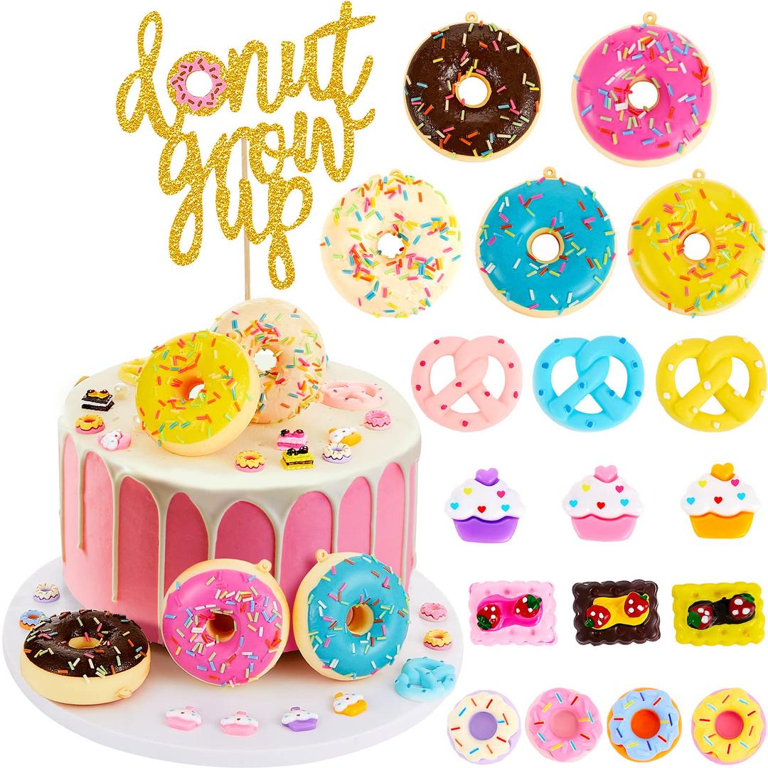 33 Pcs Donut Grow up Cake Topper Baby Sprinkle Decorations Dount Themed Cake Topper Realistic Artificial Donuts Mini Donut Cupcake Topper for Kids Birthday Donut Themed Party Supplies