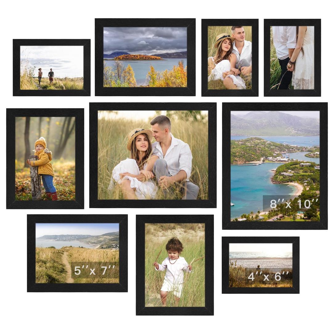 Black Picture Frames Collage Wall Decor 10 Pack, Gallery Wall Frame Set for Wall Mounting or Tabletop Display, Multi Sizes Including 8x10, 5x7, 4x6 Family Photo Frames