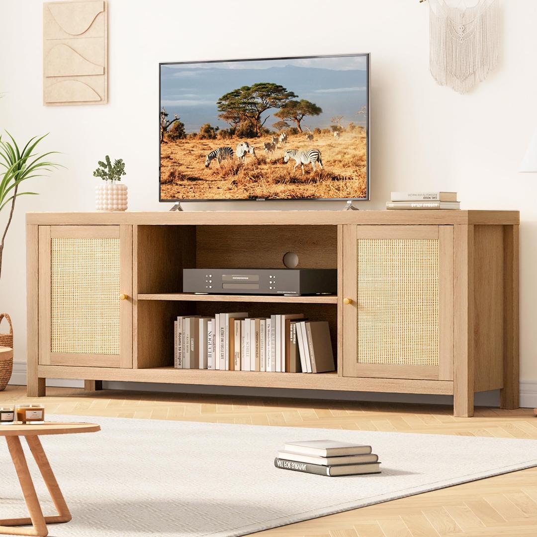 Rattan TV Stand for 70 inch, Boho Entertainment Center with Storage and Shelves, Wood TV Stand Cabinet with Doors, Media Console Cabinet Living Room Furniture for Bedroom (63 Inch)