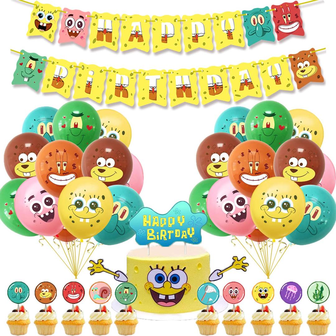 Spongebob Themed Birthday Decorations, Spongebob Birthday Party Supplies Incluing Happy Birthday Banner, Spongebob Cake Topper, Cupcake Topper,Spongebob Party Balloons for Kids Party Favor Yellow