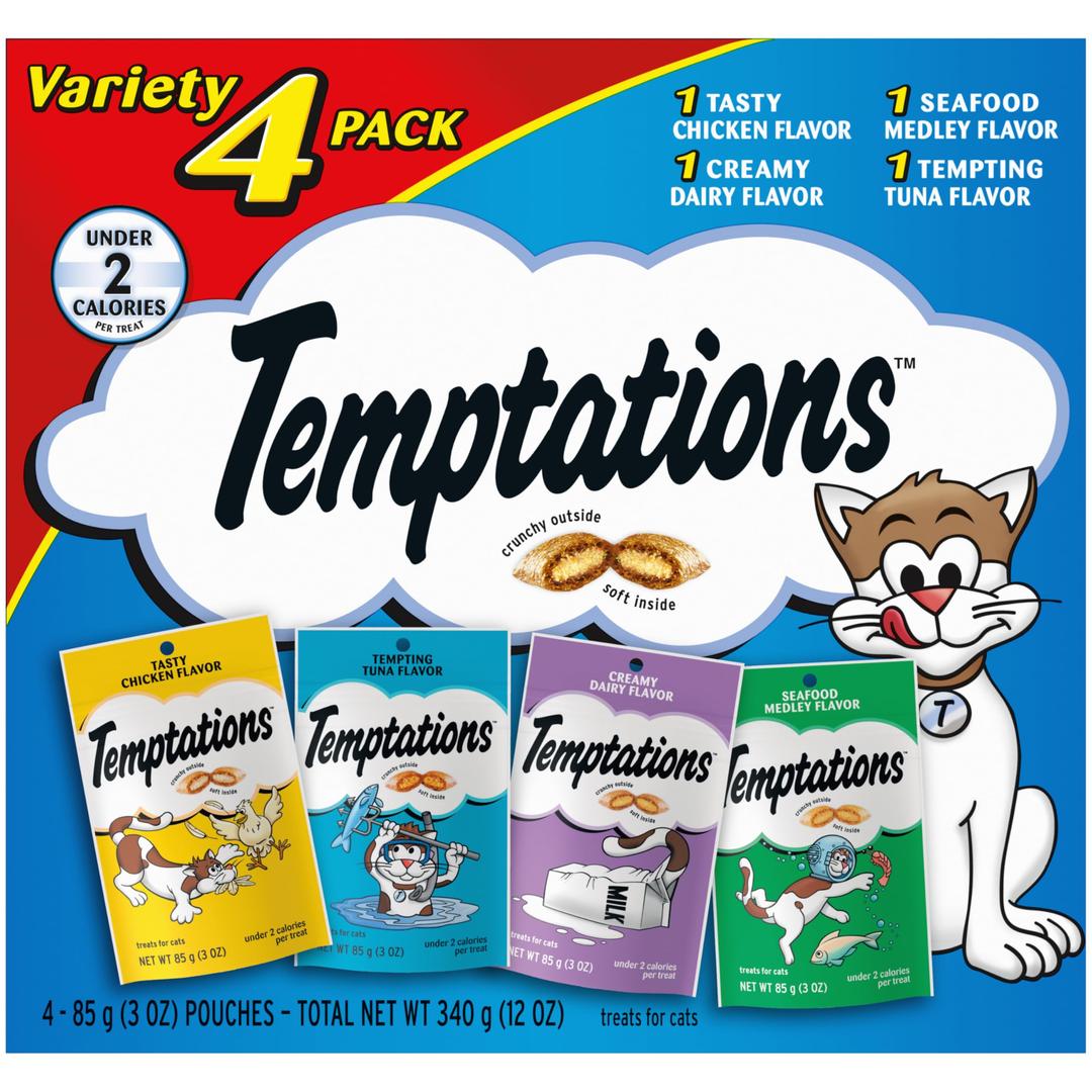 TemptationsClassic Crunchy and Soft Cat Treats Feline Favorite Variety Pack, (4) 3 oz. Pouches