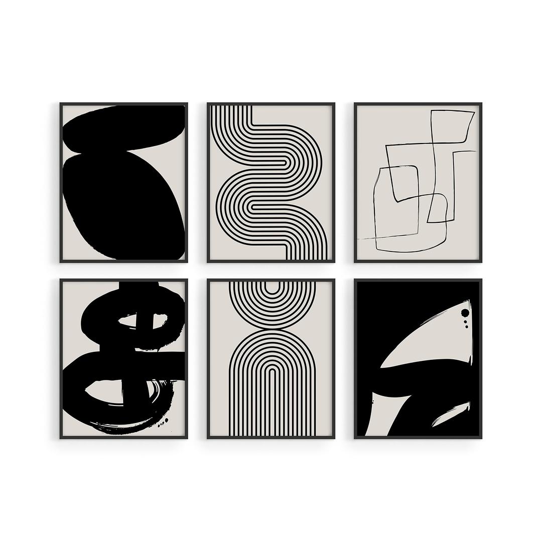 HAUS AND HUESBlack Abstract Painting Aesthetic - Set of 6, Modern Abstract, Black and Gray, One Line Abstract Art, Geometric Print, Minimalist wall art (8" x 10", UNFRAMED)