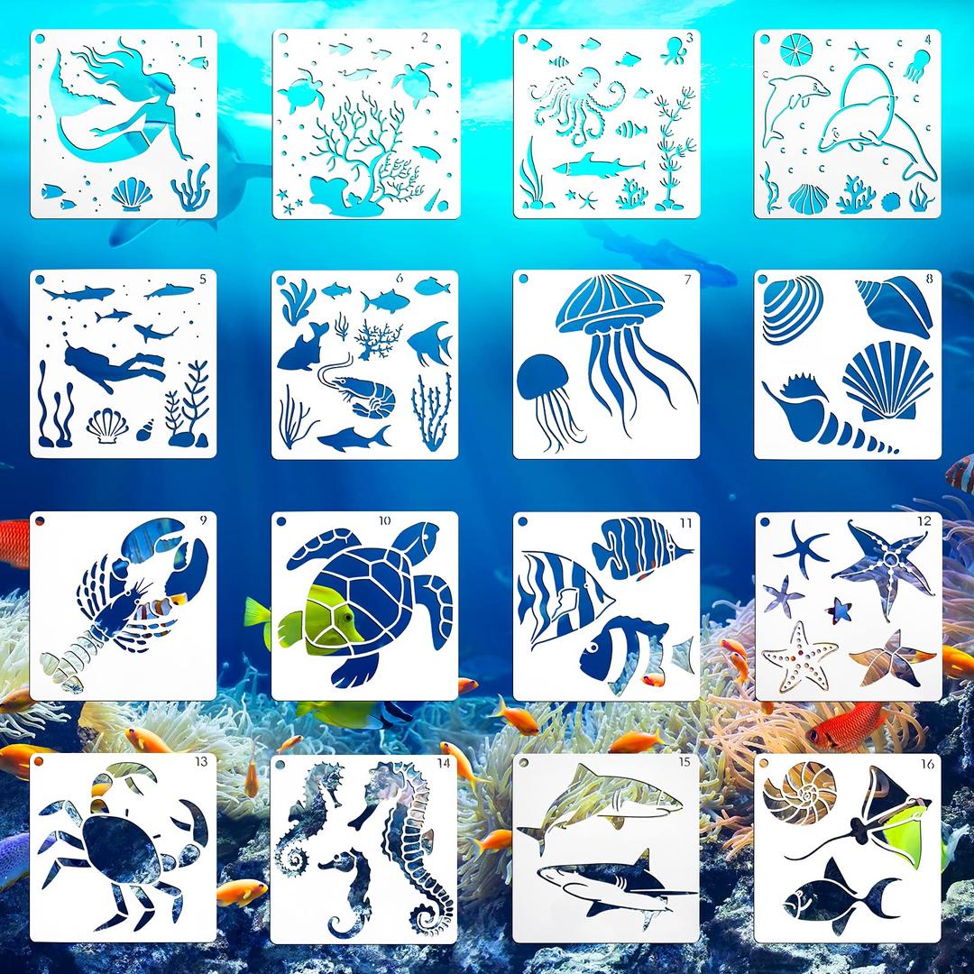 16 Pieces Sea Ocean Creatures Stencils, RONIXIL Reusable Sea Animal Painting Drawing Stencils Template, DIY Stencils Decoration for Painting on Wood Wall Decor Rock Painting (6 x 6 inch)1