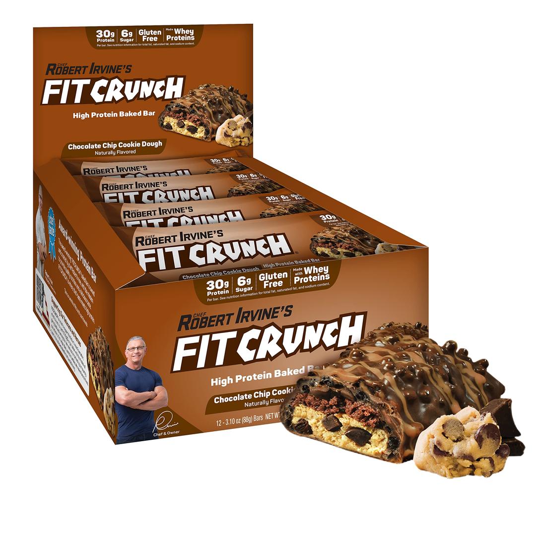 FITCRUNCH Full Size Protein Bars, Designed by Robert Irvine, 6-Layer Baked Bar, 6g of Sugar, Gluten Free & Soft Cake Core (Chocolate Chip Cookie Dough)