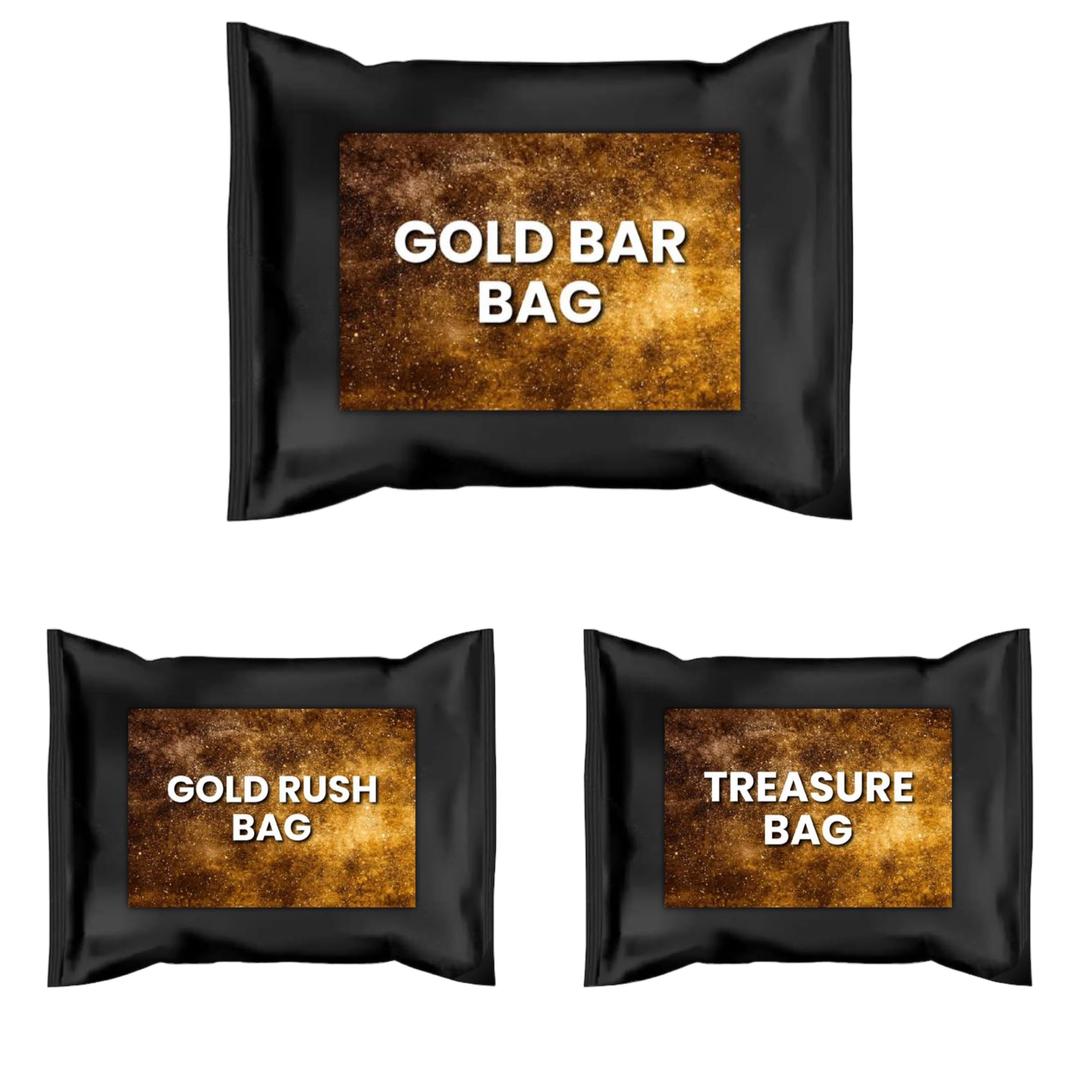 3-Pack Bundle Gold Paydirt Gold Bar, Treasure Bag, Gold Rich Bag – Highly Concentrated Ultra-Rich Panning Pay Dirt for at Home Panning, DIY Lovers – Contains Flakes, Gold Bar, Possibly Gemstones