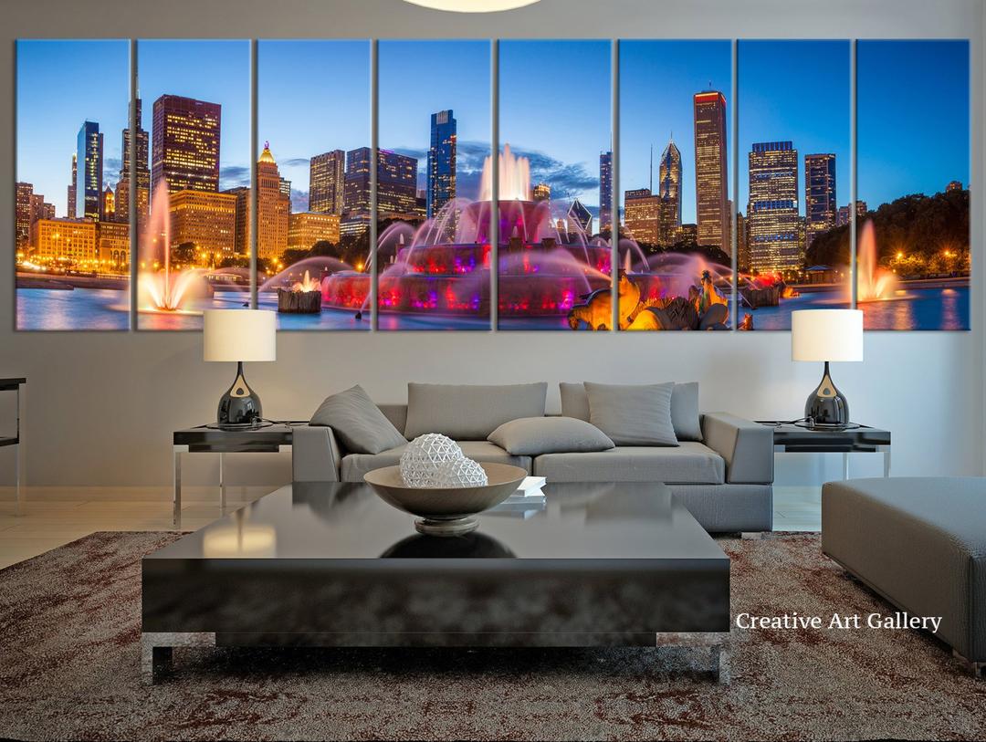 City Wall Art - 8 Panel Extra Large Chicago City Canvas Print, Large Chicago Night City Skyline Wall Art Canvas Print- 12x32 Inch Each Panel- 96x32 Inch Total