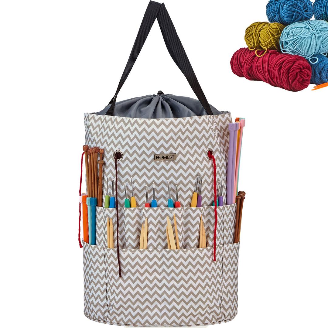 HOMEST Large Crochet Bag with Customized Front Compartment for Knitting Accessories, Yarn Storage with 6 Oversized Grommets, Tote Organizer with Drawstring Closure, Ripple, Bag Only