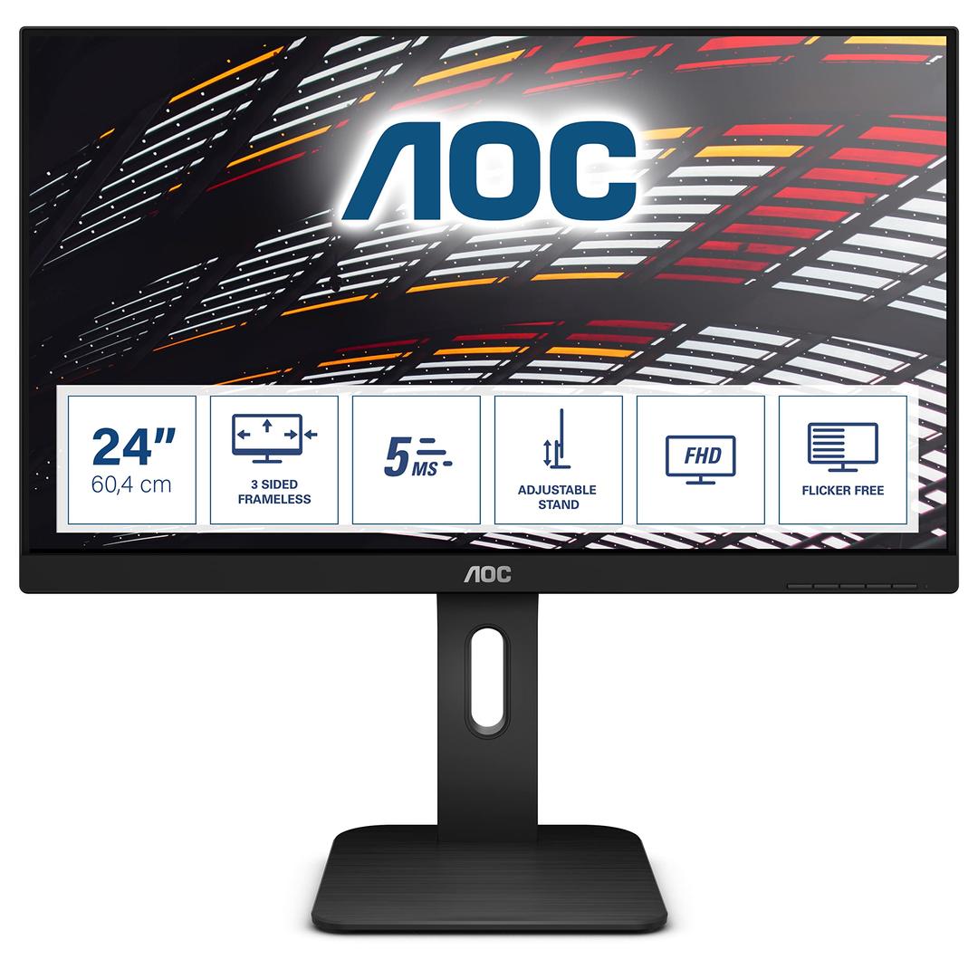 AOC24P1 - 24 Inch FHD Monitor, 60Hz, 5ms, IPS, Speakers, Height Adjust, USB Hub, Flicker Free (1920x1080 @ 60Hz, 5ms, IPS, 250cd/m², HDMI/VGA/DVI/DP/USB 3.2)