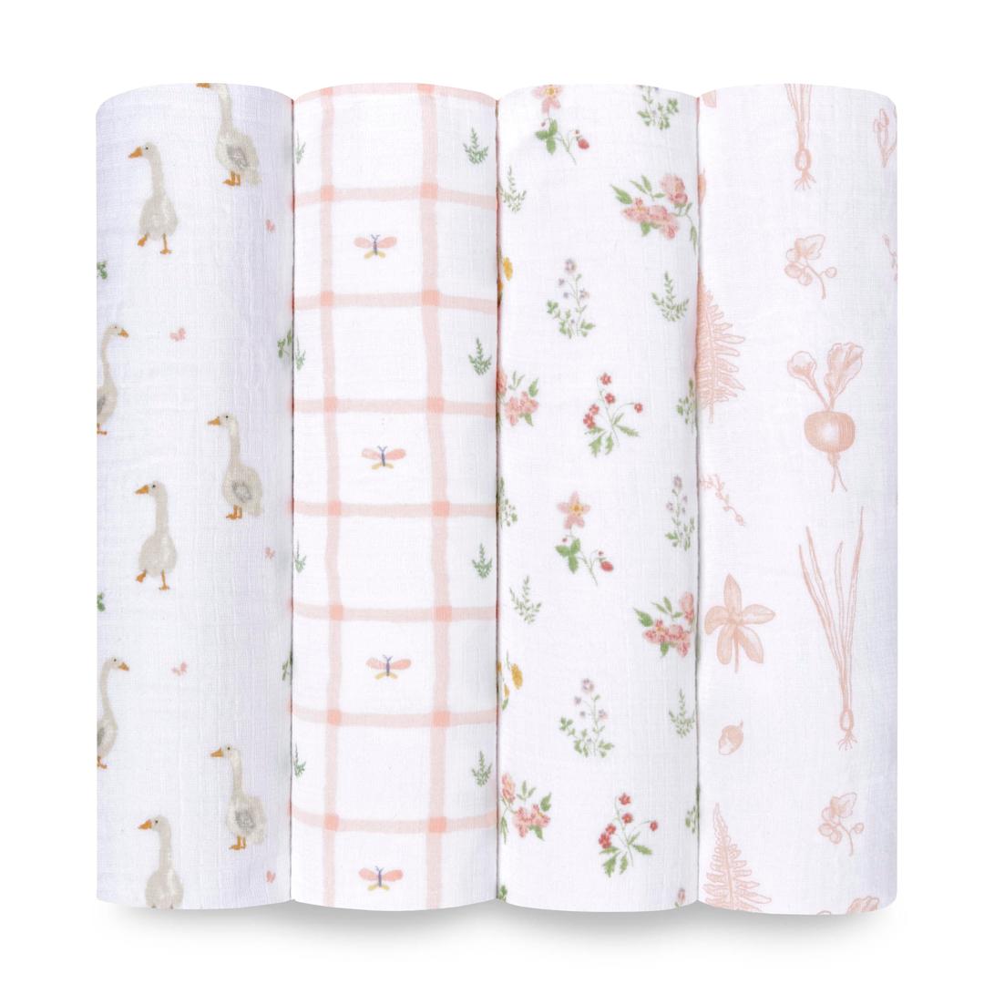 aden + anais Essentials Disney Baby Muslin Swaddle Blankets, Newborn Receiving Blanket for Swaddling, 100% Cotton Baby Swaddle Wrap, 4 Pack, Country Floral