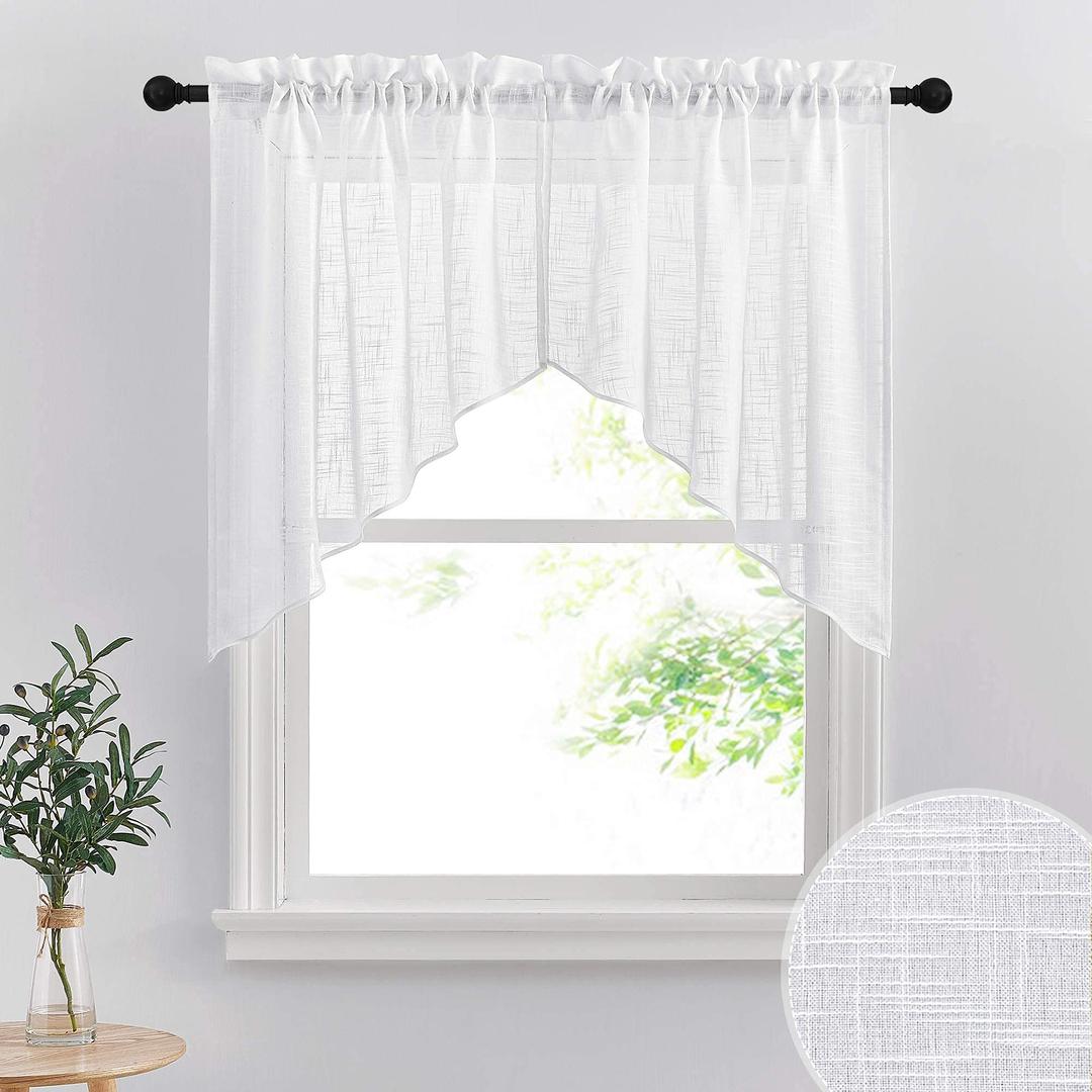 RYB HOME Short Kitchen Valances and Curtain Set, Privacy White Linen Swag Curtains, Semi Sheer Bathroom Tiers for Small Windows, 36 x 36 inch, 1 Pair