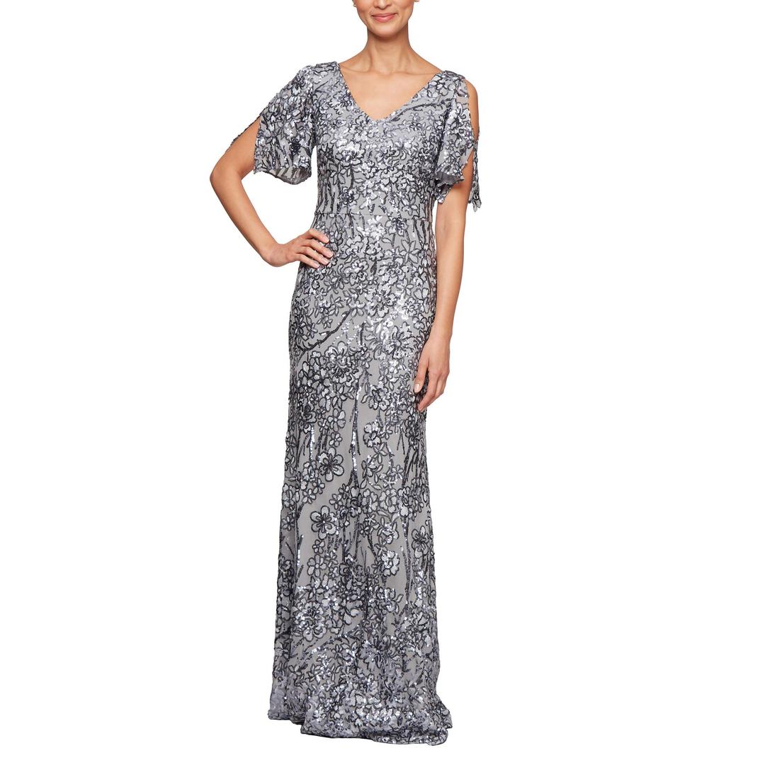 Alex EveningsWomen's Long Sequin Dress with Flutter Sleeves, Silver, 16