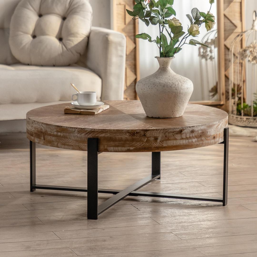 SSLine Antique Round Wood Coffee Table Farmhouse Cocktail Center Table for Living Room Thicken Fir Wood Table Top with Cross Metal Base(Natural&Black - 31.29" D x 13.38" H)