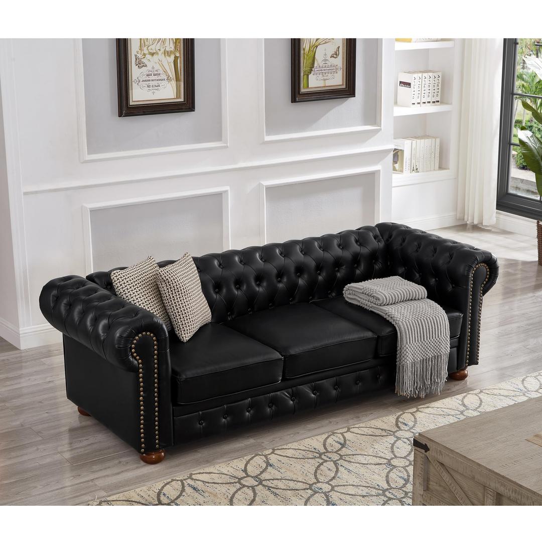 Chesterfield Sofa,89" Faux Leather Couch Upholstered Sofa with Low Back,Roll Arm Nailhead Trim Classic 3 Seater Sofa for Living Room,Home Furniture（Black）