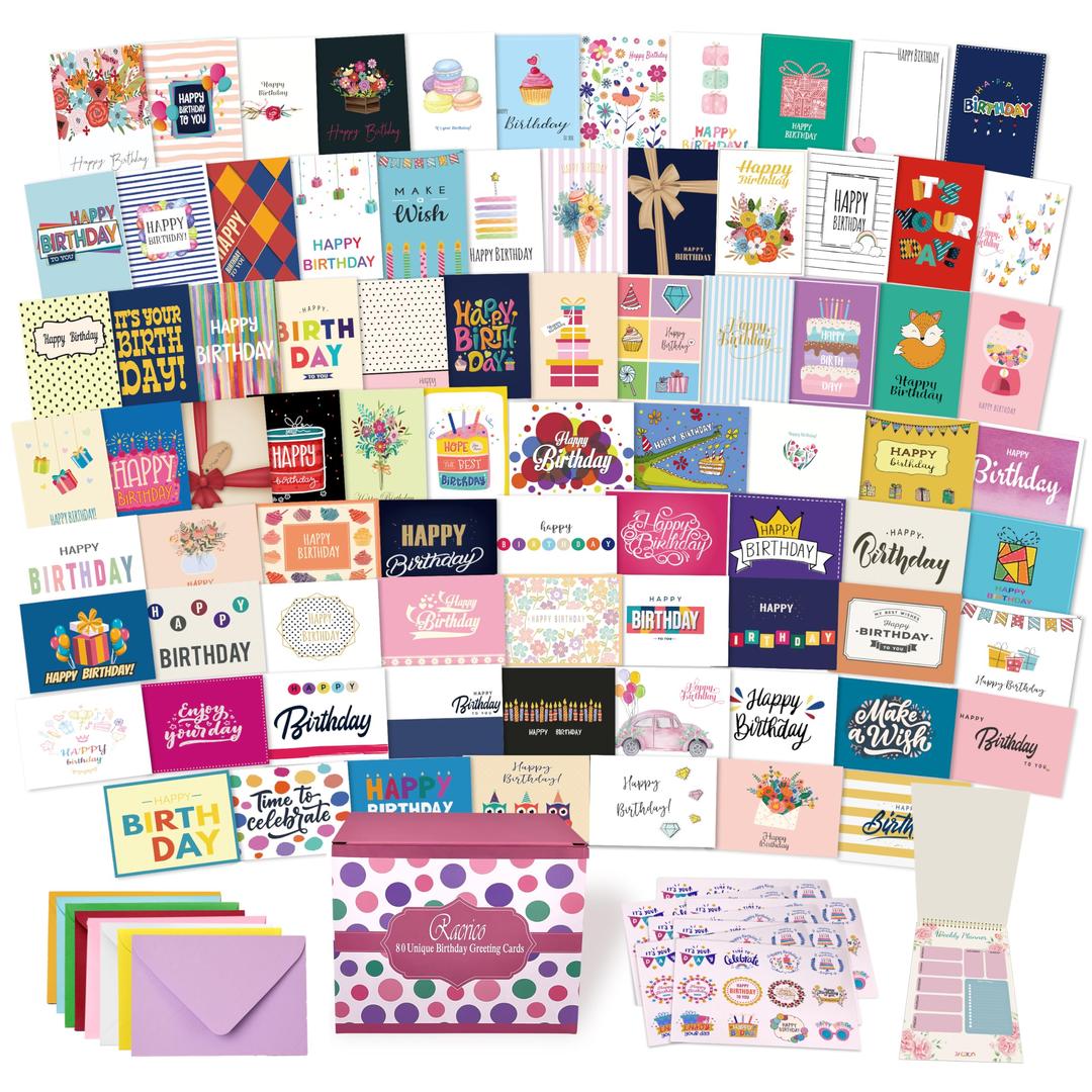 80 Unique Birthday Cards- Happy Cards Bulk With Greetings Inside – Assorted Envelopes and Stickers -Large 5 x 7 inches- Greeting Box Set