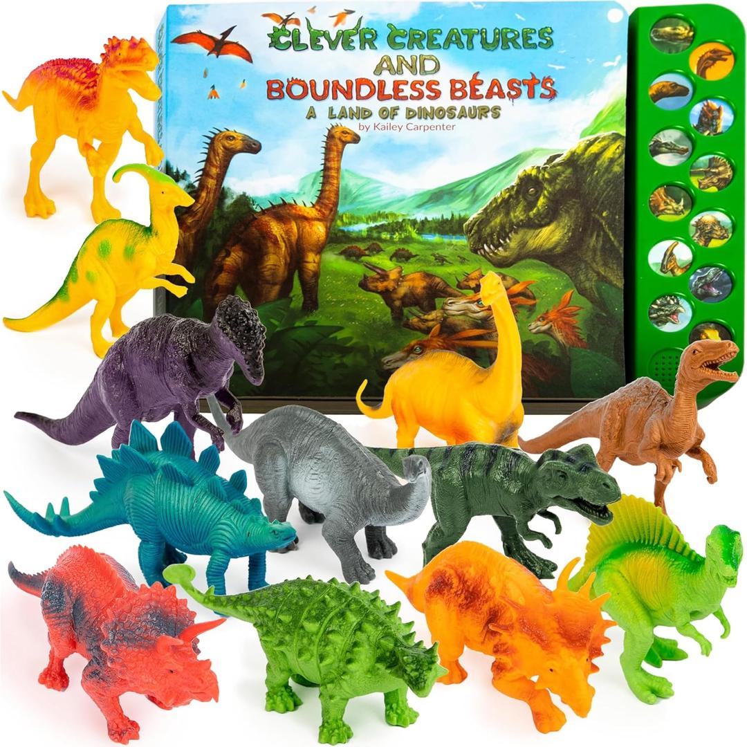 Li'l-Gen Dinosaur Toys for Kids 3-5 - Interactive Dinosaur Sound Book with Realistic Roars and Twelve Large Dinosaur Figurines (7 Inch) - Engaging Toddler Learning Toys for Imaginative Play (No Mat)