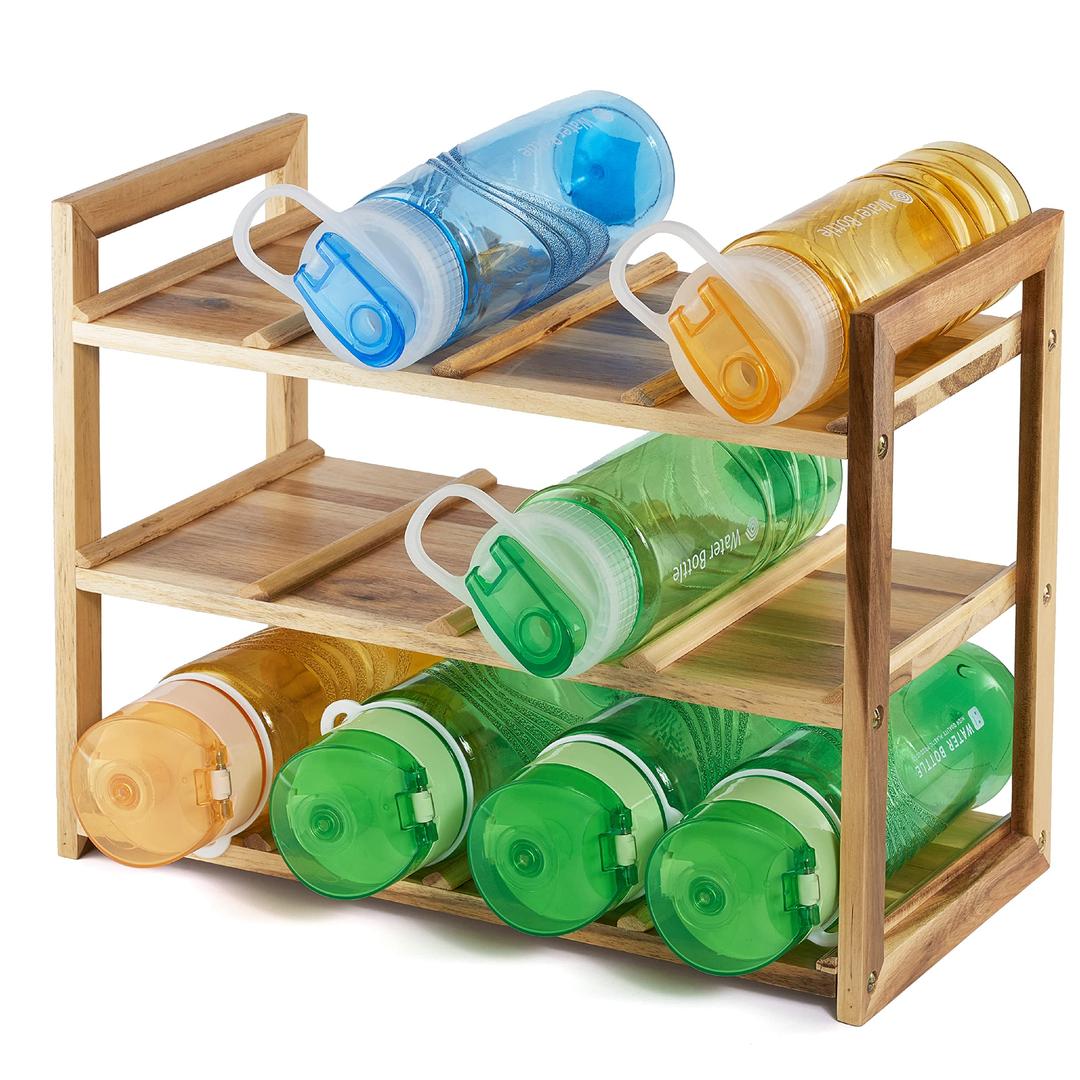 Water Bottle Organizer, 3 Tiered Freestanding Water Bottle Holder, Natural Wood Water Bottle Storage Rack, Freestanding Water Bottle Holder Rack for Kitchen Countertops, Holds 12 Bottles (3 Tier)