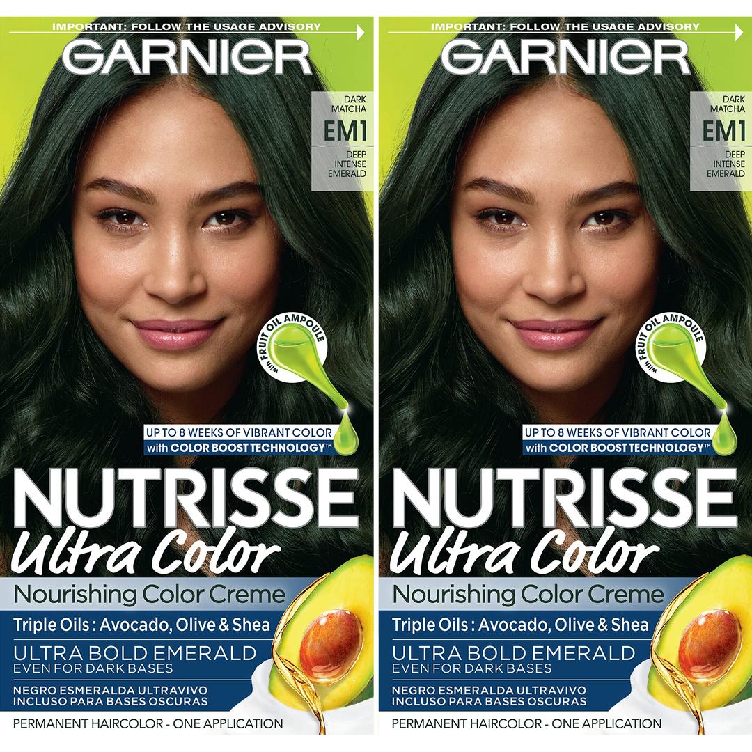 Garnier Hair Color Nutrisse Ultra Color Nourishing Creme, EM1 Deep Intense Emerald (Matcha Latte) Green Permanent Hair Dye, 2 Count (Packaging May Vary)