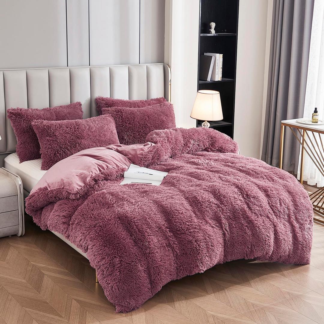 Uhamho Luxury Fluffy 1PC Solid Duvet Cover Faux Fur Plush Shaggy Quilt Cover Velvet Bedspread Zipper Closure, No Pillow Sham, No Comforter (Dusty Rose, Queen)